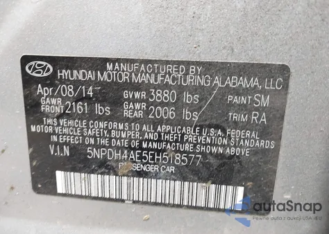 2014 Hyundai Elantra Se z USA, uszkodzony, nr VIN 5NPDH4AE5EH518577